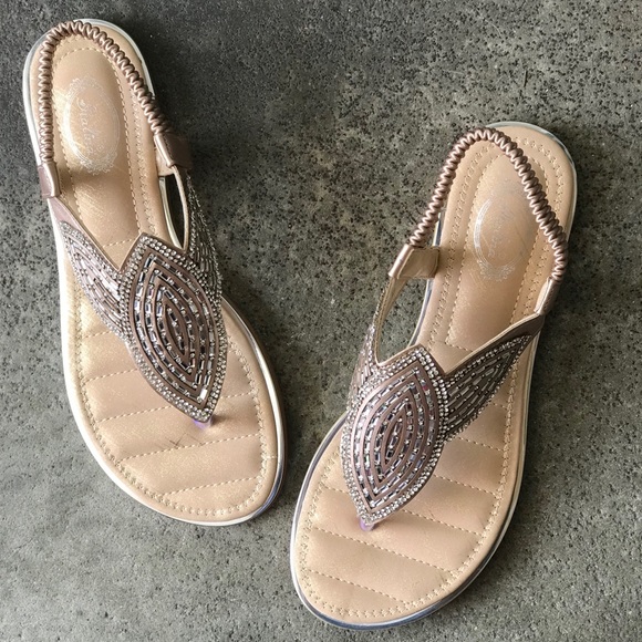 Italina Champagne Art Deco Rhinestone Embellished Flat Thong Slingback Sandal - Picture 5 of 10